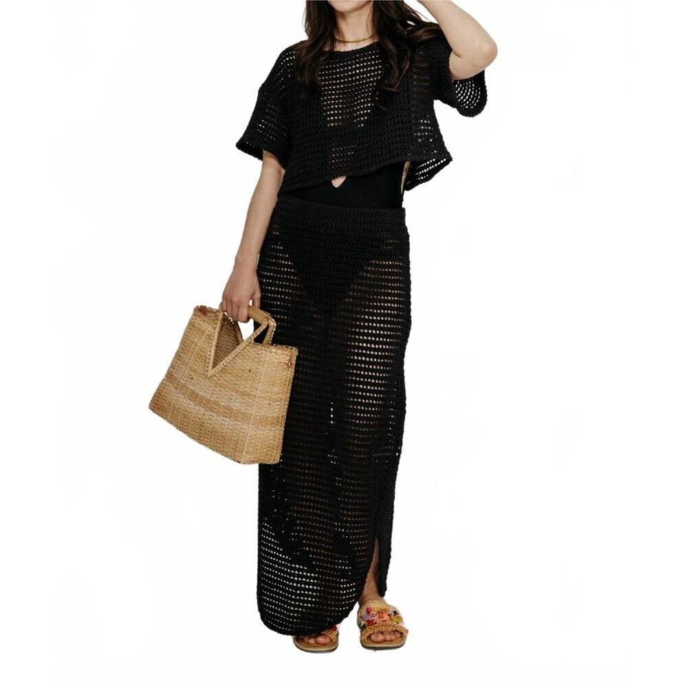 Rita Row Crochet Knit Set Leaf Top & Sprout Skirt Black size Small Beach Coverup